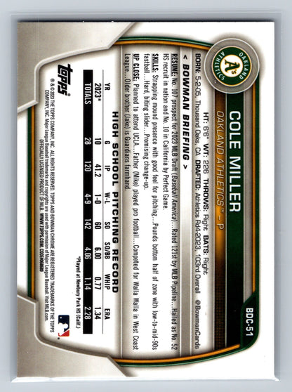Cole Miller 2023 Bowman Draft Chrome 1st Fuchsia Lunar Refractor /199 #BDC-51