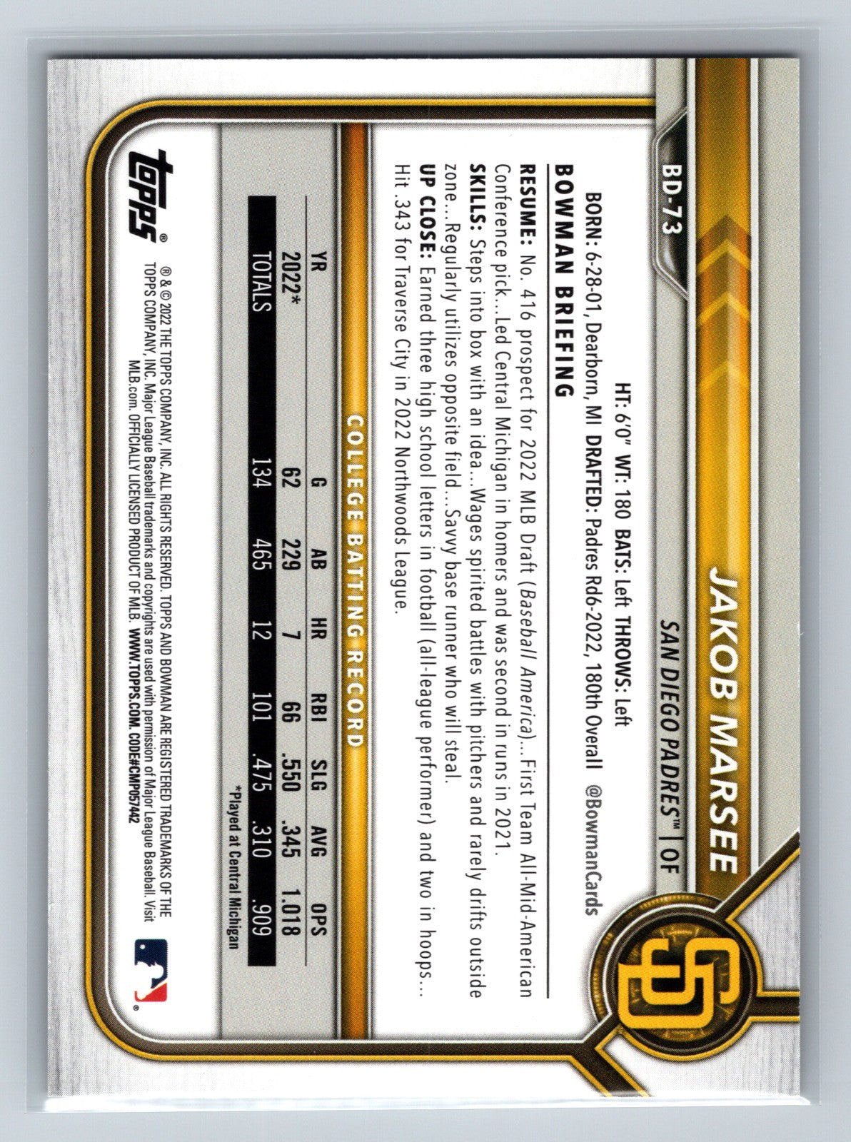 Jakob Marsee 2022 Bowman Draft 1st Paper Gold Foil /50 #BD-73 Padres