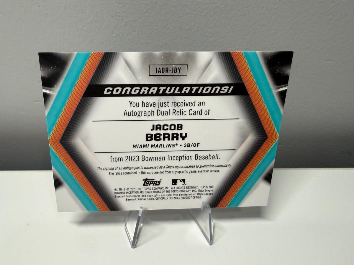 Jacob Berry 2023 Bowman Inception Dual Relic Auto /75 #IADR-JBY Marlins