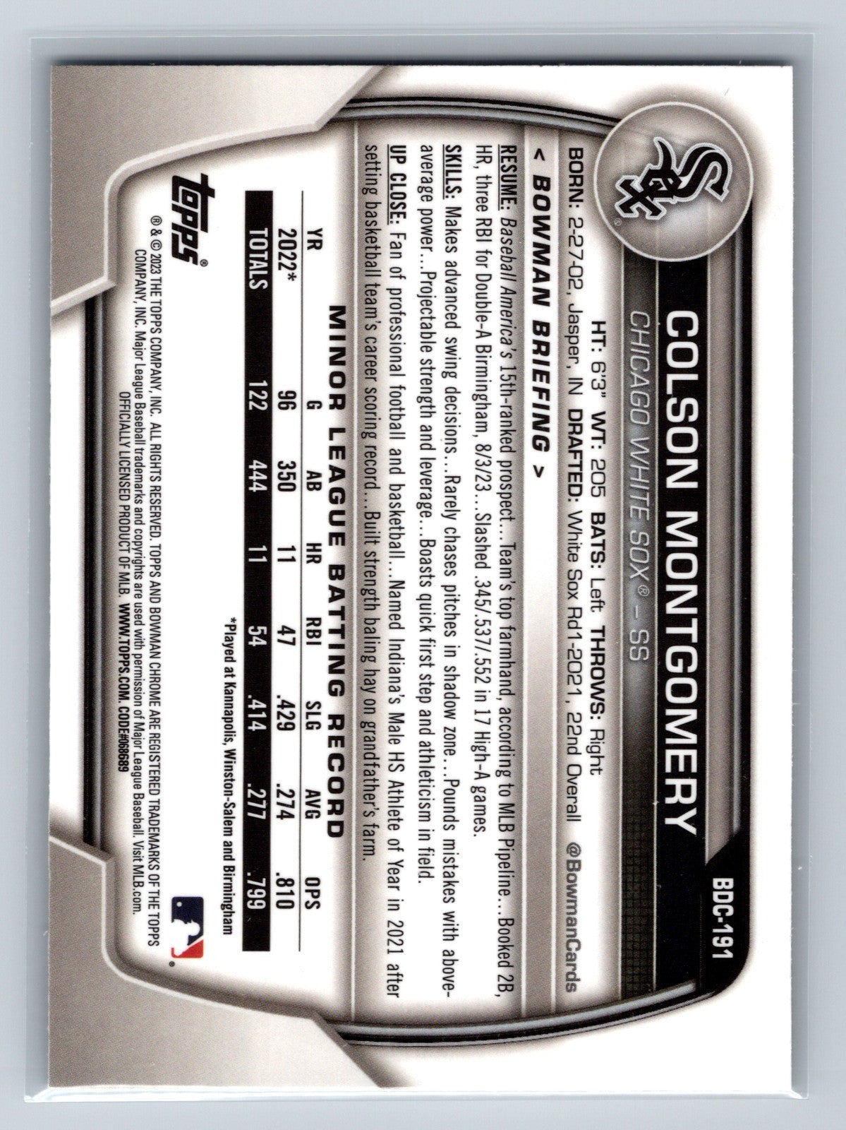 Colson Montgomery 2023 Bowman Draft Chrome Sparkle Refractor #BDC-191 White Sox