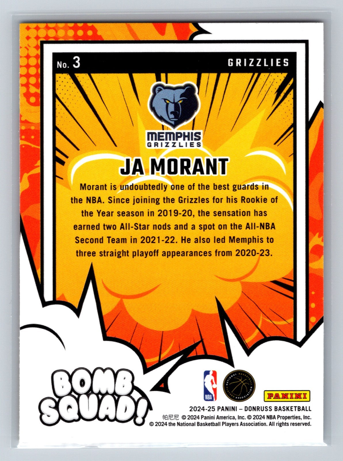 JA Morant 2024-25 Panini Donruss Bomb Squad #3 Grizzlies