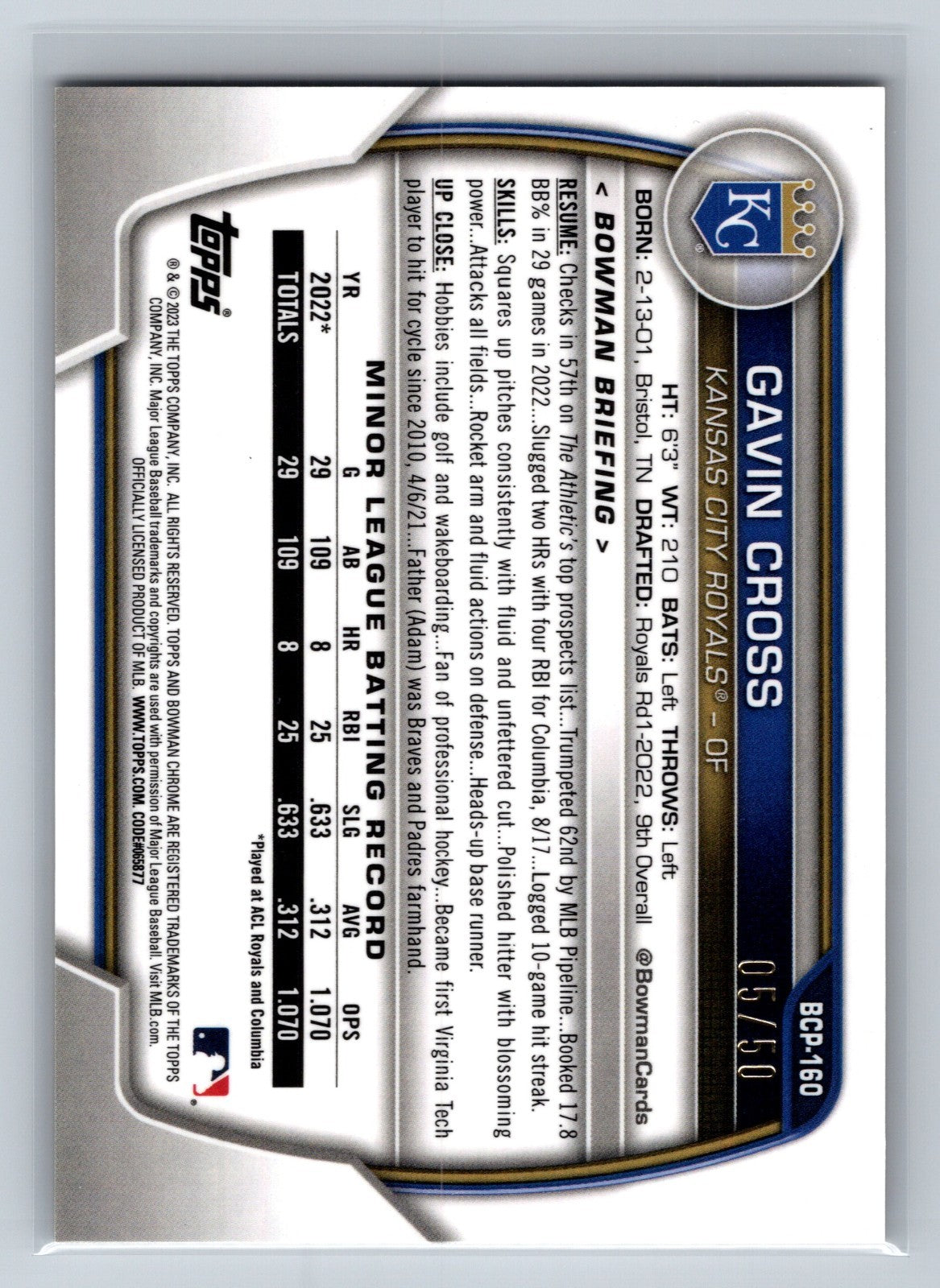 Gavin Cross 2023 Bowman Chrome Prospect Gold Refractor /50 #BCP-160 Royals