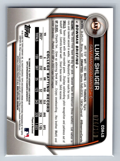 Luke Shliger 2023 Bowman Draft Chrome 1st Blue Wave Refractor Auto /150 #CDA-LS