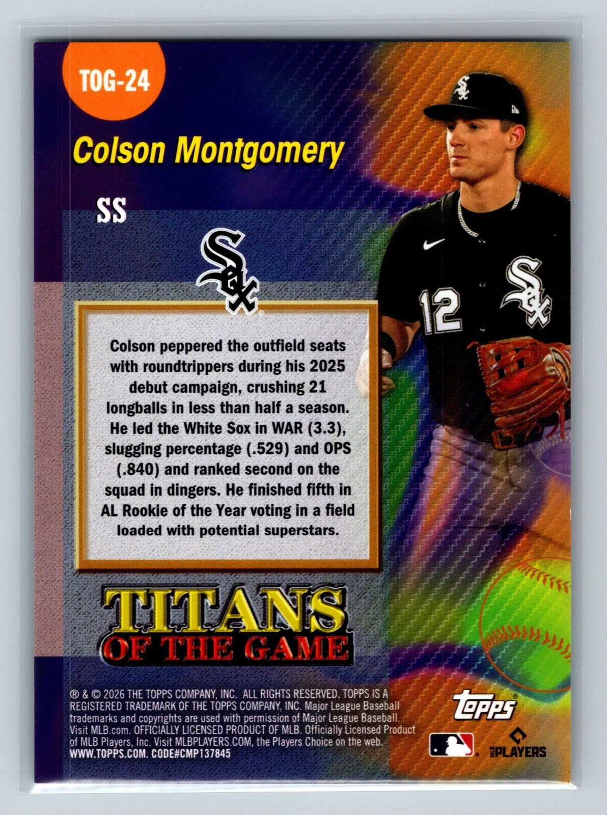 Colson Montgomery 2026 Topps Titans of the Game Green RC /99 #TOG-24 White Sox