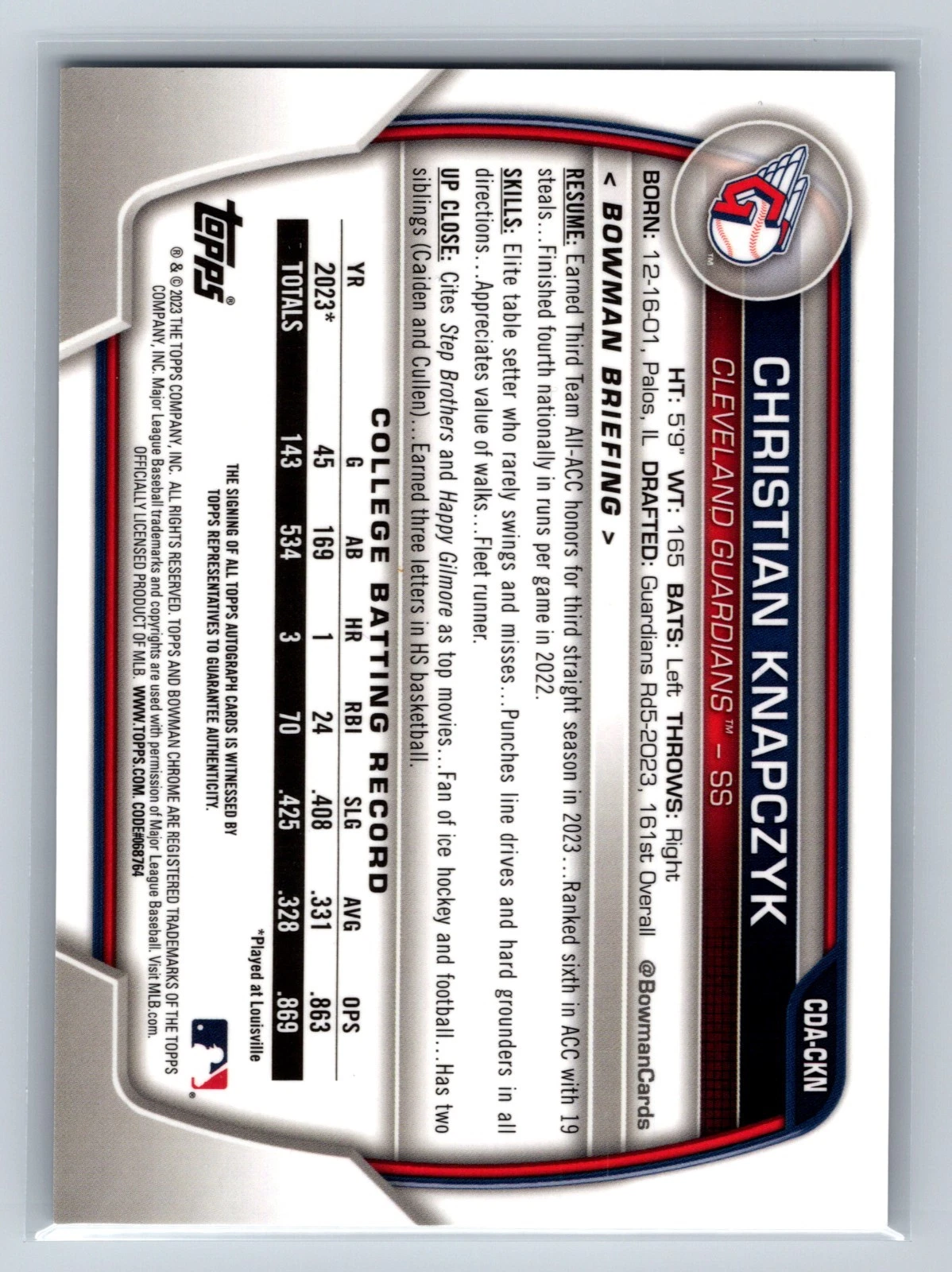 Christian Knapczyk 2023 Bowman Draft Chrome 1st Auto #CDA-CKN Guardians
