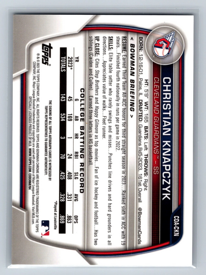 Christian Knapczyk 2023 Bowman Draft Chrome 1st Auto #CDA-CKN Guardians