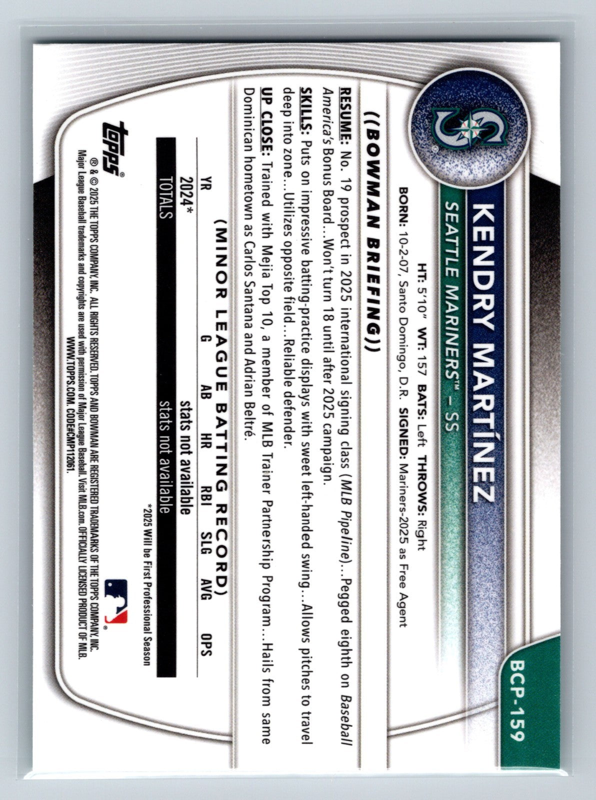 Kendry Martinez 2025 Bowman Chrome 1st Aqua Refractor /125 #BCP-159 Mariners