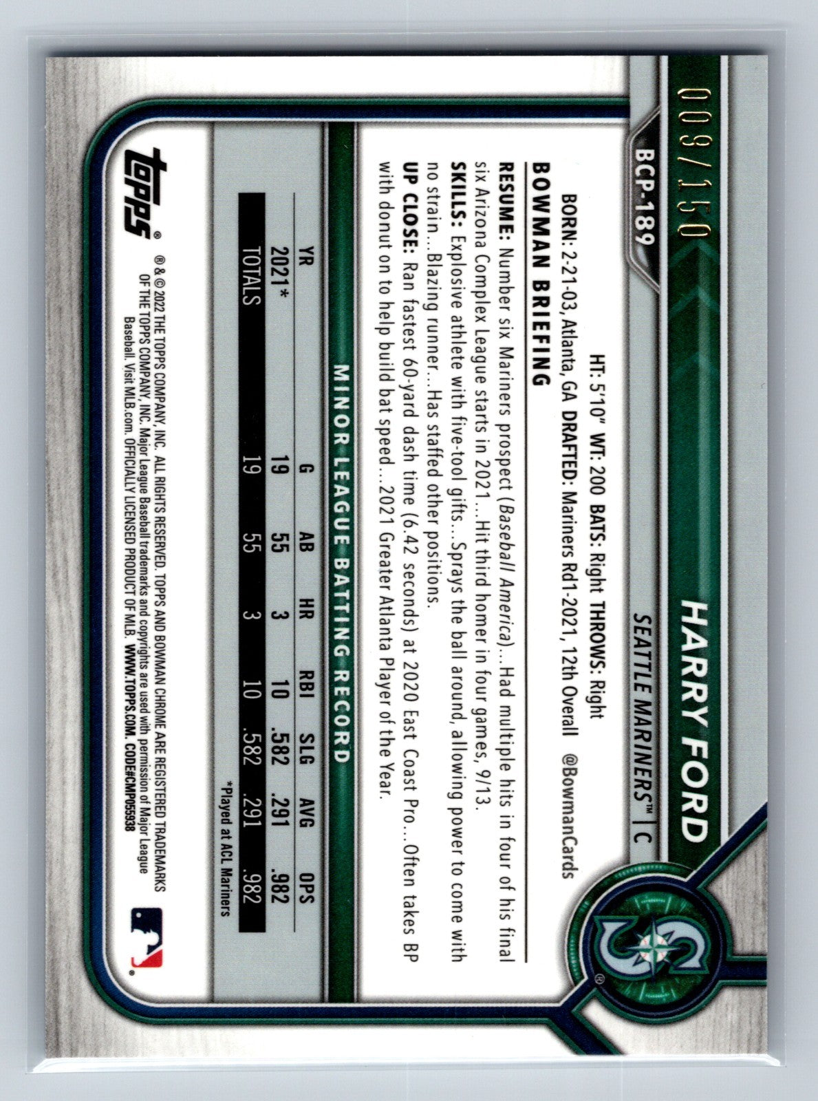 Harry Ford 2022 Bowman Chrome Prospect Blue Mojo Refractor /150 #BCP-189