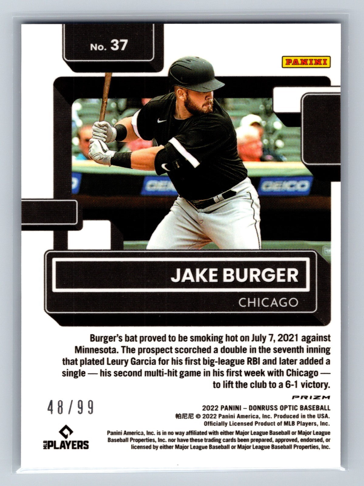 Jake Burger 2022 Donruss Optic Blue Velocity Refractor RC /99 #37 Chicago