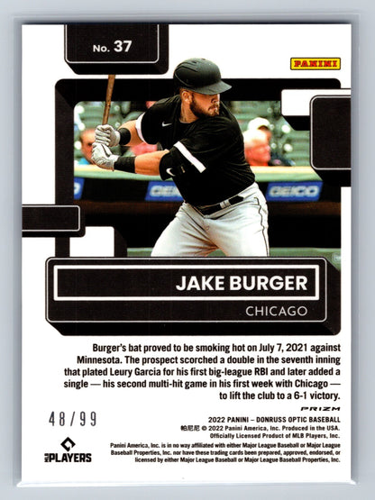 Jake Burger 2022 Donruss Optic Blue Velocity Refractor RC /99 #37 Chicago