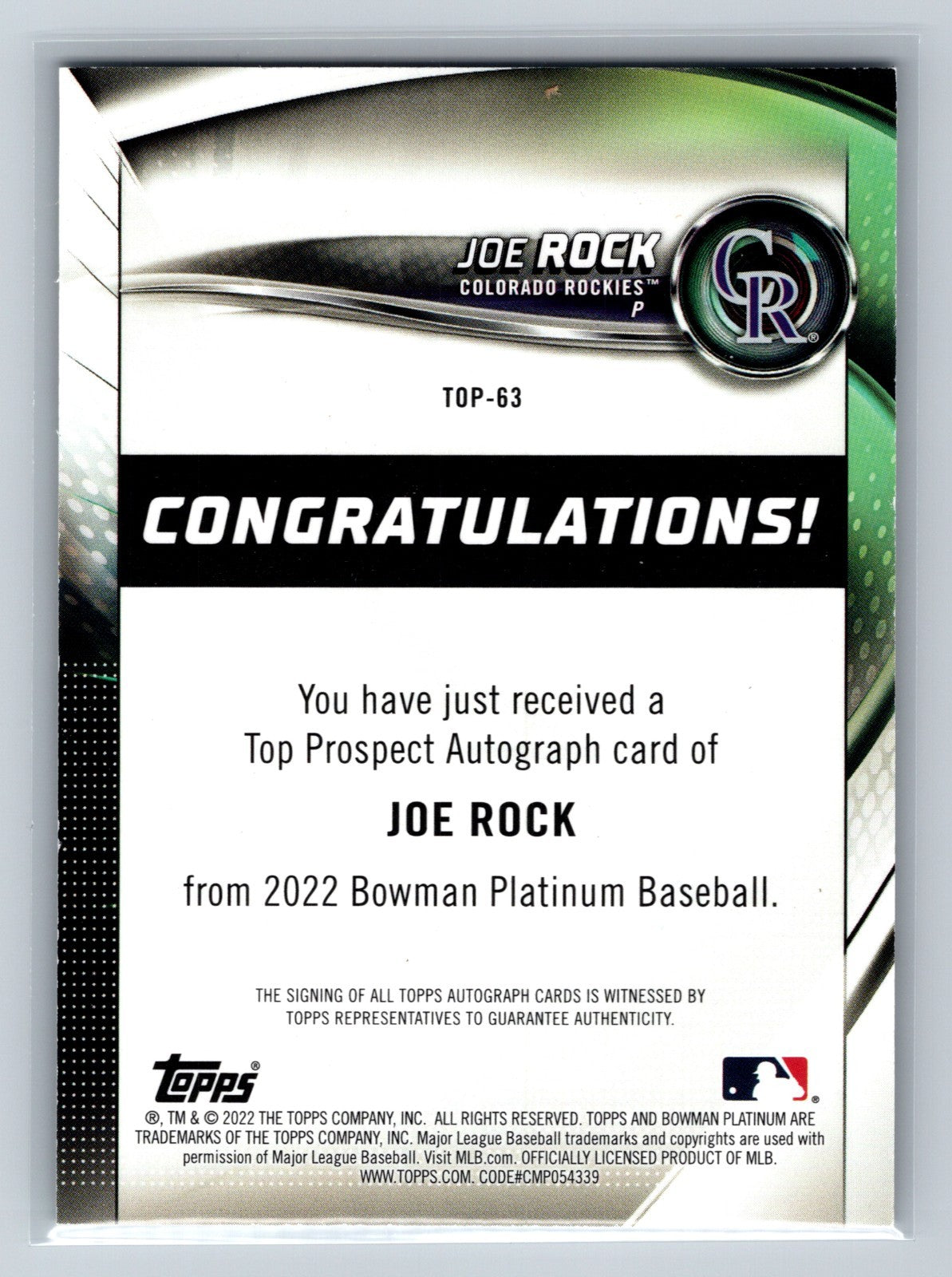 Joe Rock 2022 Bowman Platinum Top Prospects Ice Foilboard Auto /50 #TOP-63