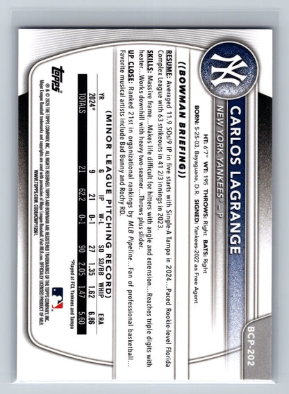 Carlos Lagrange 2025 Bowman Chrome 1st Purple Pulsar Refractor /250 #BCP-202