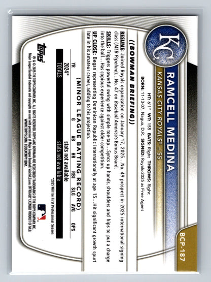 Ramcell Medina 2025 Bowman Chrome 1st Gold Refractor /50 #BCP-187 Royals