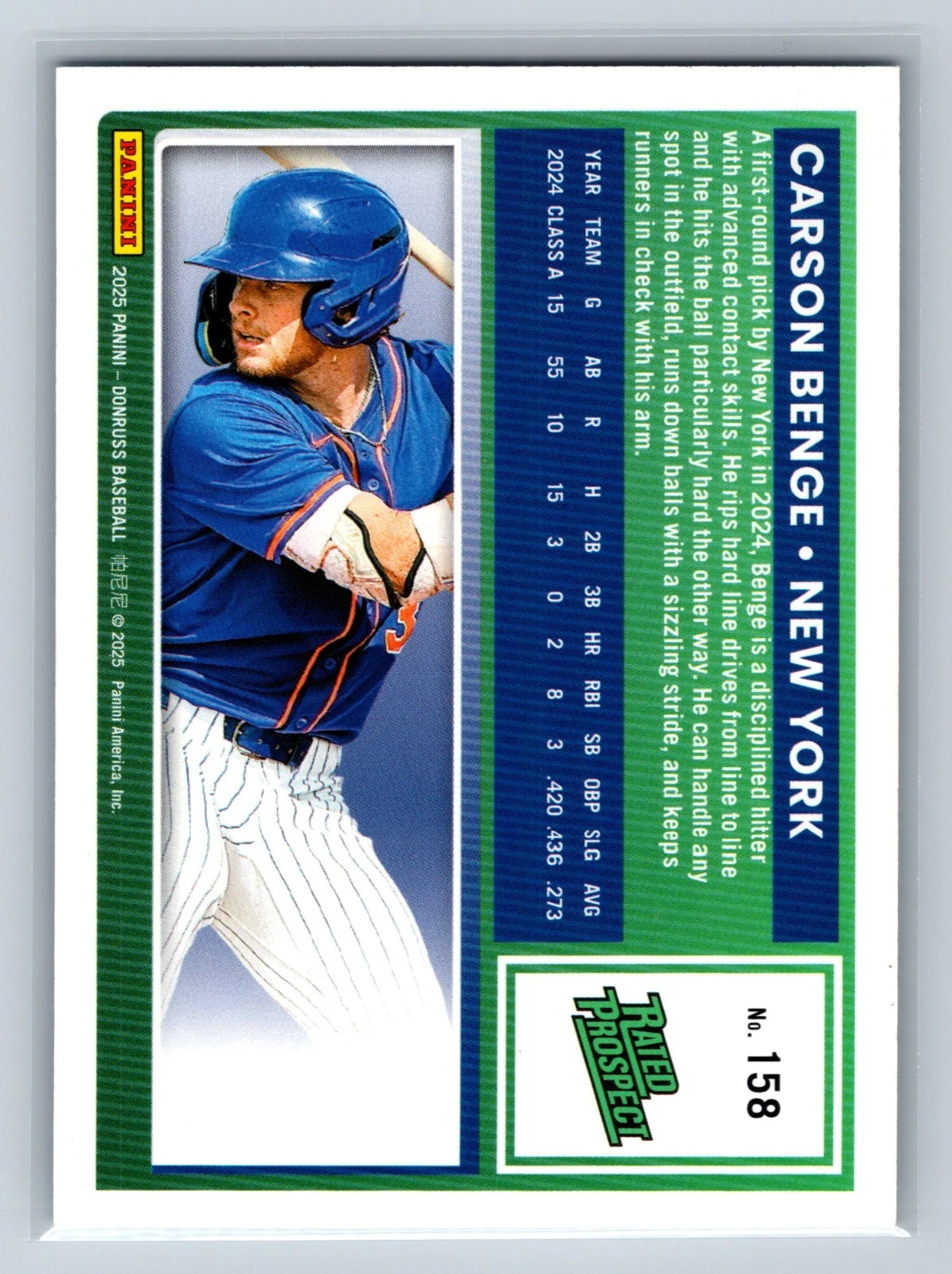 Carson Benge 2025 Panini Donruss Rated Prospects Carolina Blue Lazer /249 #158