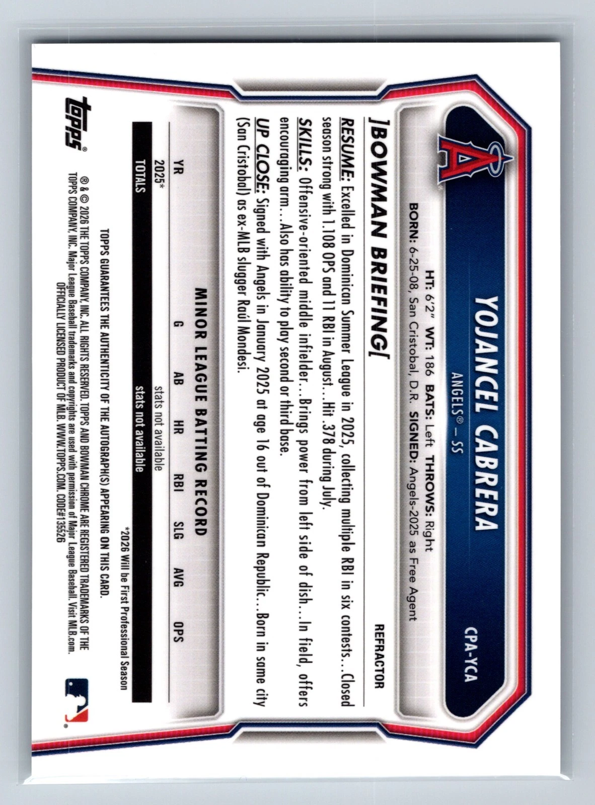 Yojancel Cabrera 2026 Bowman Chrome 1st Refractor Auto /499 #CPA-YCA Angels
