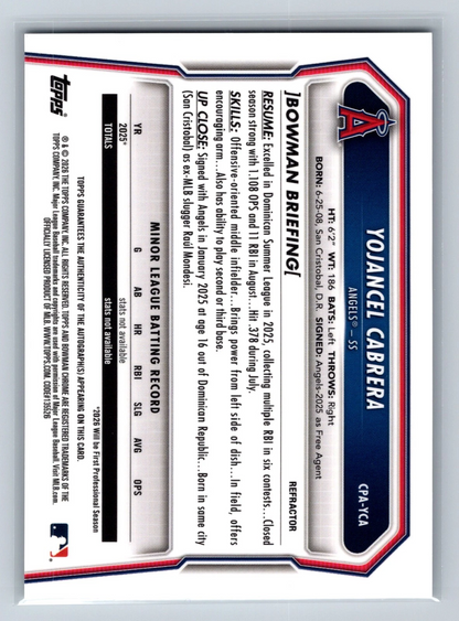 Yojancel Cabrera 2026 Bowman Chrome 1st Refractor Auto /499 #CPA-YCA Angels