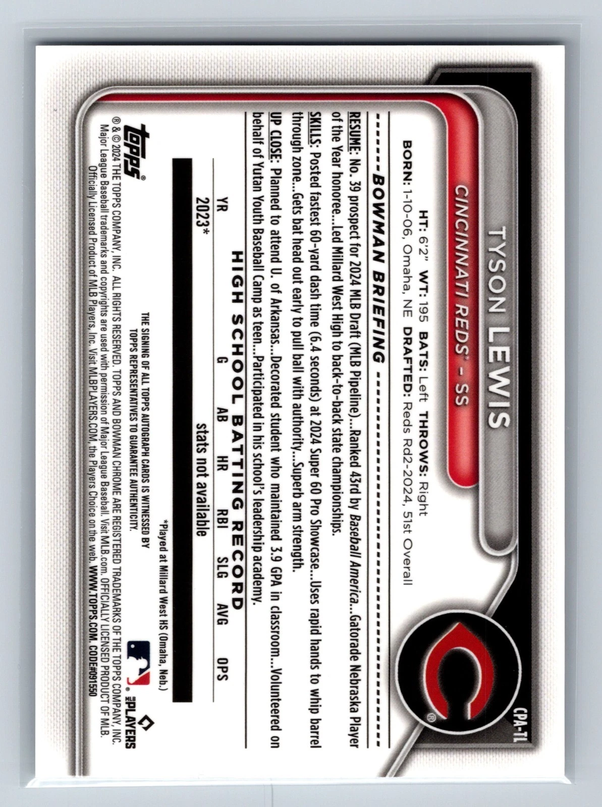Tyson Lewis 2024 Bowman Draft Chrome 1st Auto #CPA-TL Reds