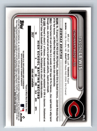 Tyson Lewis 2024 Bowman Draft Chrome 1st Auto #CPA-TL Reds