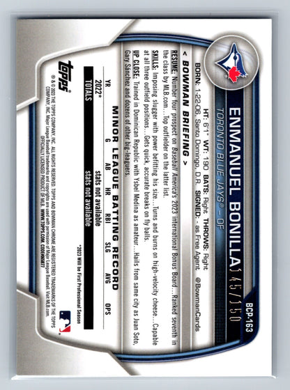 Enmanuel Bonilla 2023 Bowman Chrome 1st Blue Refractor /150 #BCP-163 Blue Jays