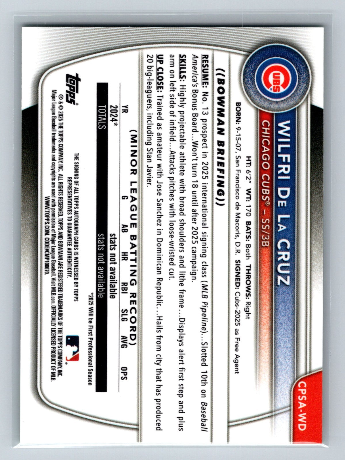 Wilfri De La Cruz 2025 Bowman Chrome 1st Sapphire Green Refractor Auto /99