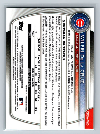 Wilfri De La Cruz 2025 Bowman Chrome 1st Sapphire Green Refractor Auto /99