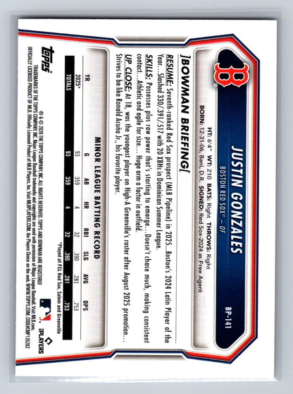 Justin Gonzales 2026 Bowman 1st Paper Fuchsia /299 #BP-141 Red Sox