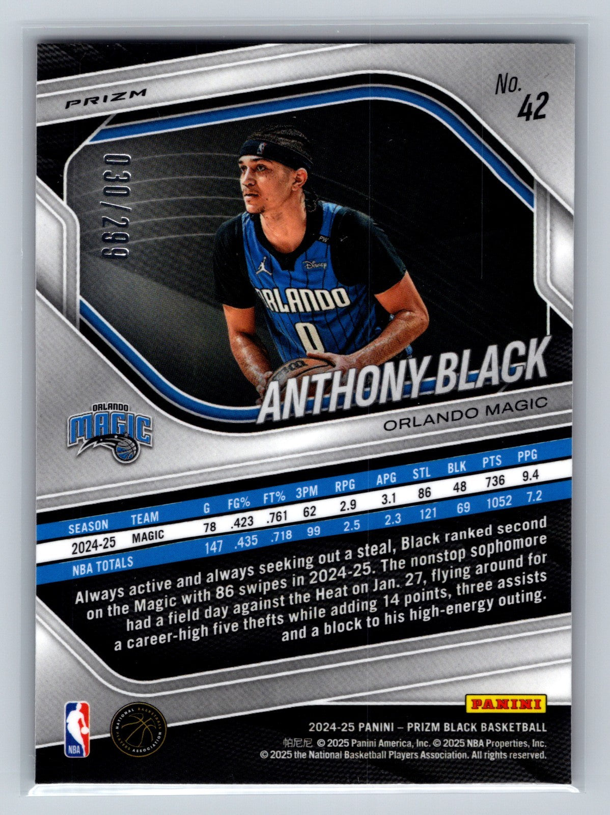 Anthony Black 2024-25 Panini Prizm Black Red Prizm /299 #42 Magic