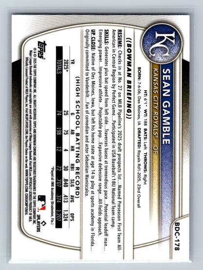 Sean Gamble 2025 Bowman Draft Chrome 1st Mojo Refractor #BDC-178 Royals