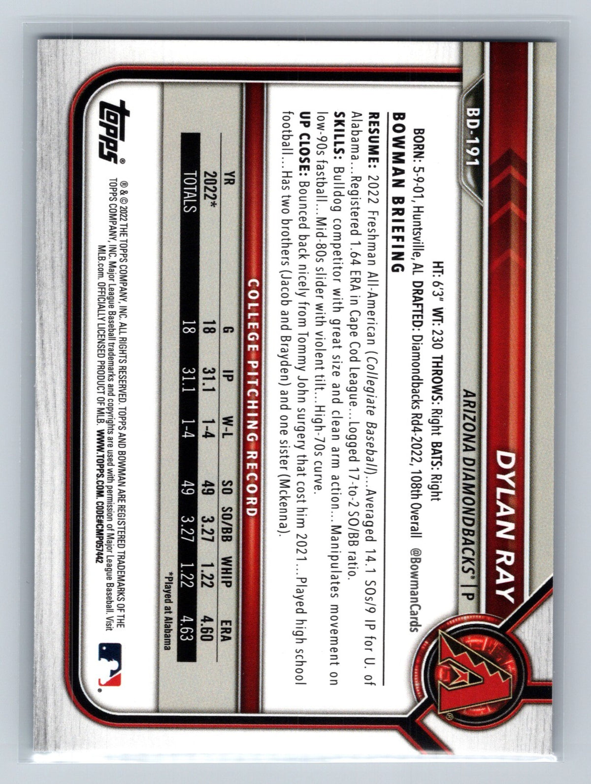 Dylan Ray 2022 Bowman Draft 1st Edition Paper Sky Blue Foil #BD-191 Diamondbacks