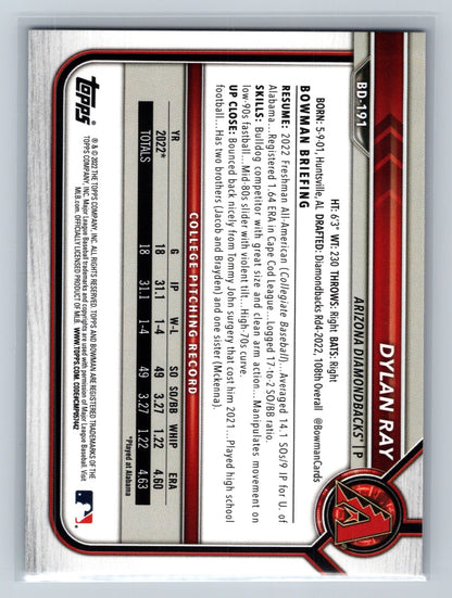 Dylan Ray 2022 Bowman Draft 1st Edition Paper Sky Blue Foil #BD-191 Diamondbacks