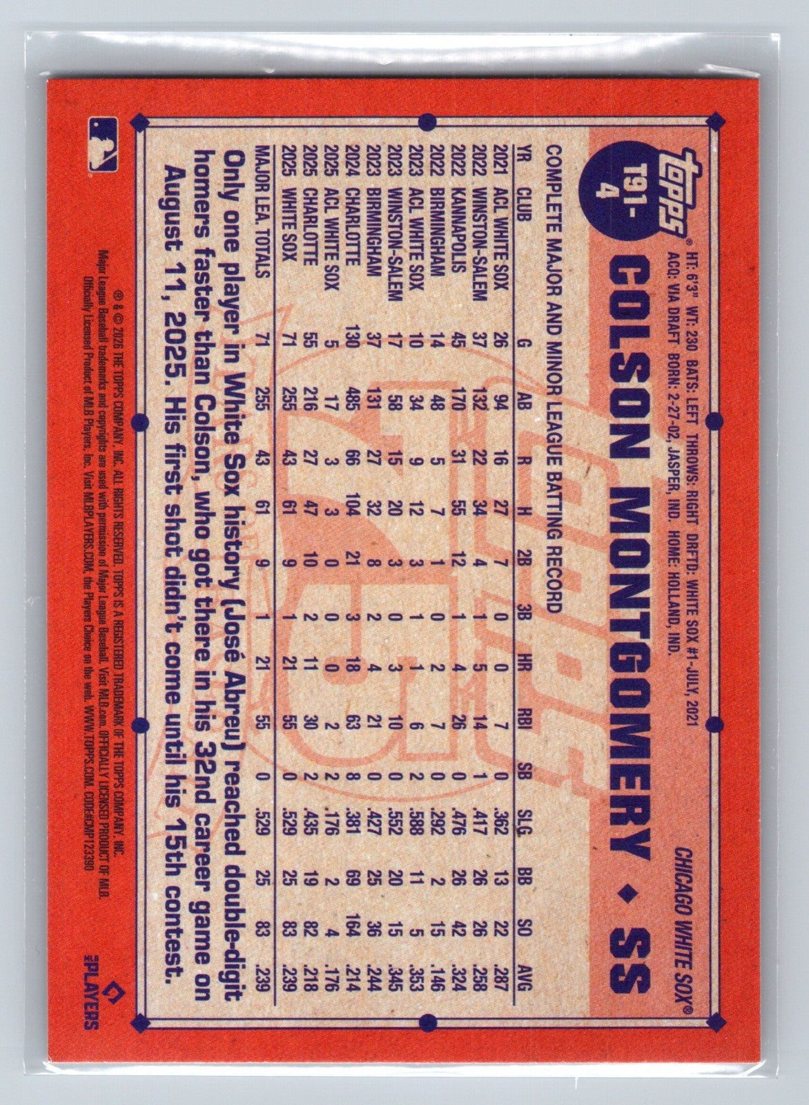 Colson Montgomery 2026 Topps Series 1 75th Anniversary RC #T91-4 White Sox