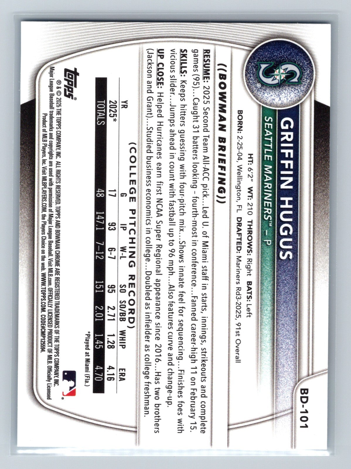 Griffin Hugus 2025 Bowman Draft 1st Paper Sky Blue /499 #BD-101 Mariners
