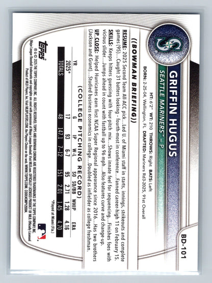 Griffin Hugus 2025 Bowman Draft 1st Paper Sky Blue /499 #BD-101 Mariners