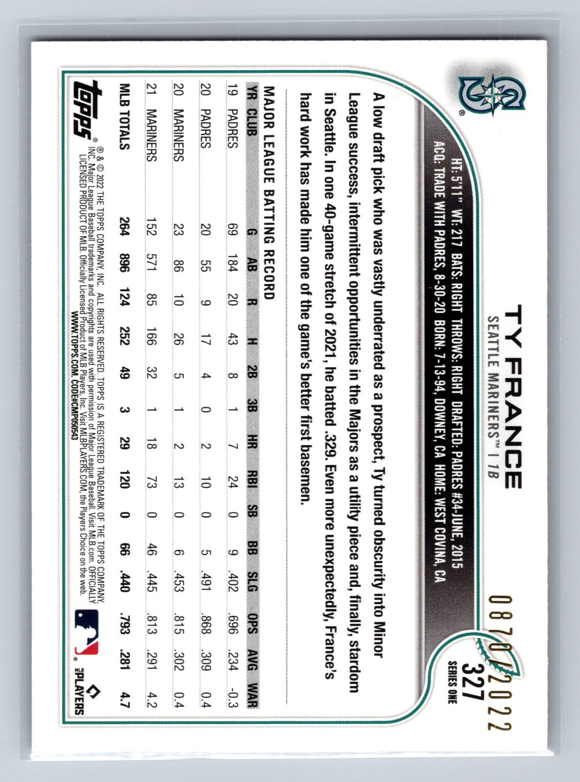 TY France 2022 Topps Series 1 Gold /2022 #327 Mariners