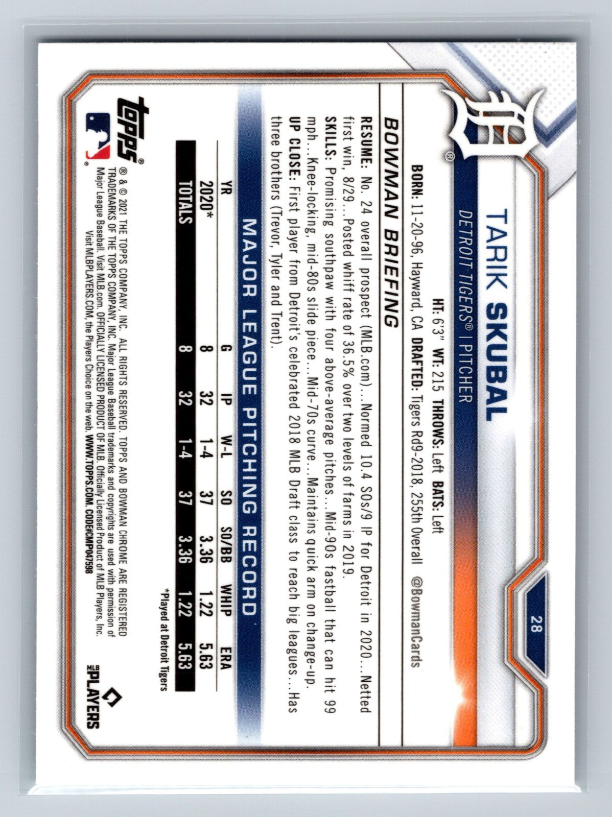 Tarik Skubal 2021 Bowman Chrome RC #28 Tigers