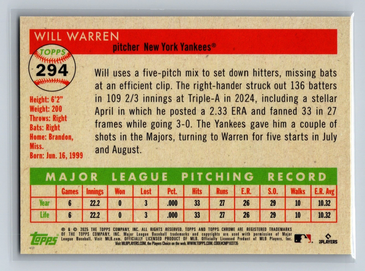 Will Warren 2025 Topps Chrome Platinum Gold Refractor RC /50 #294 Yankees
