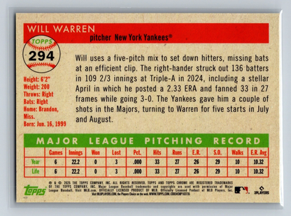 Will Warren 2025 Topps Chrome Platinum Gold Refractor RC /50 #294 Yankees