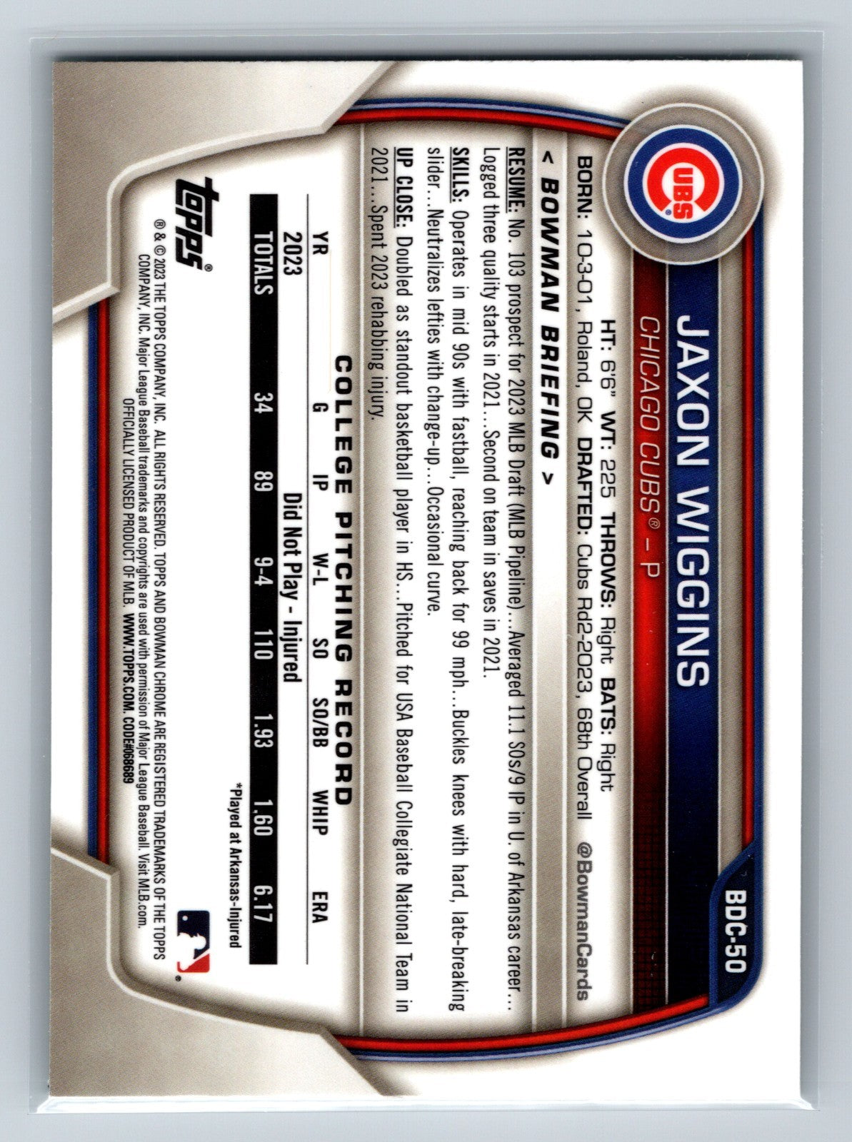 Jaxon Wiggins 2023 Bowman Draft Chrome 1st Green Refractor /99 #BDC-50 Cubs