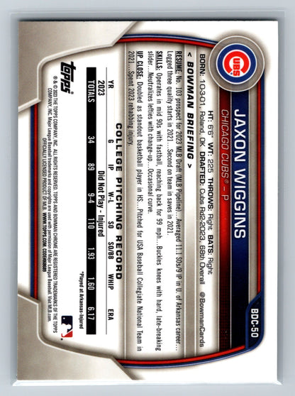 Jaxon Wiggins 2023 Bowman Draft Chrome 1st Green Refractor /99 #BDC-50 Cubs