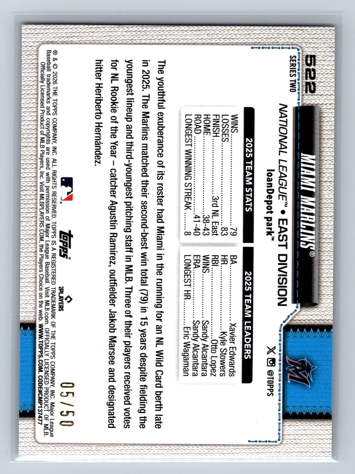 2026 Topps Series 2 Gold Diamante Foil /50 #522 Miami Marlins