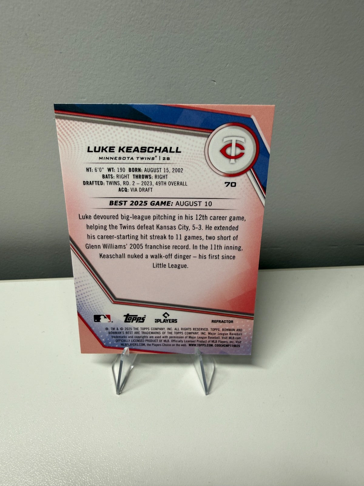 Luke Keaschall 2025 Bowman's Best Refractor RC #70 Twins