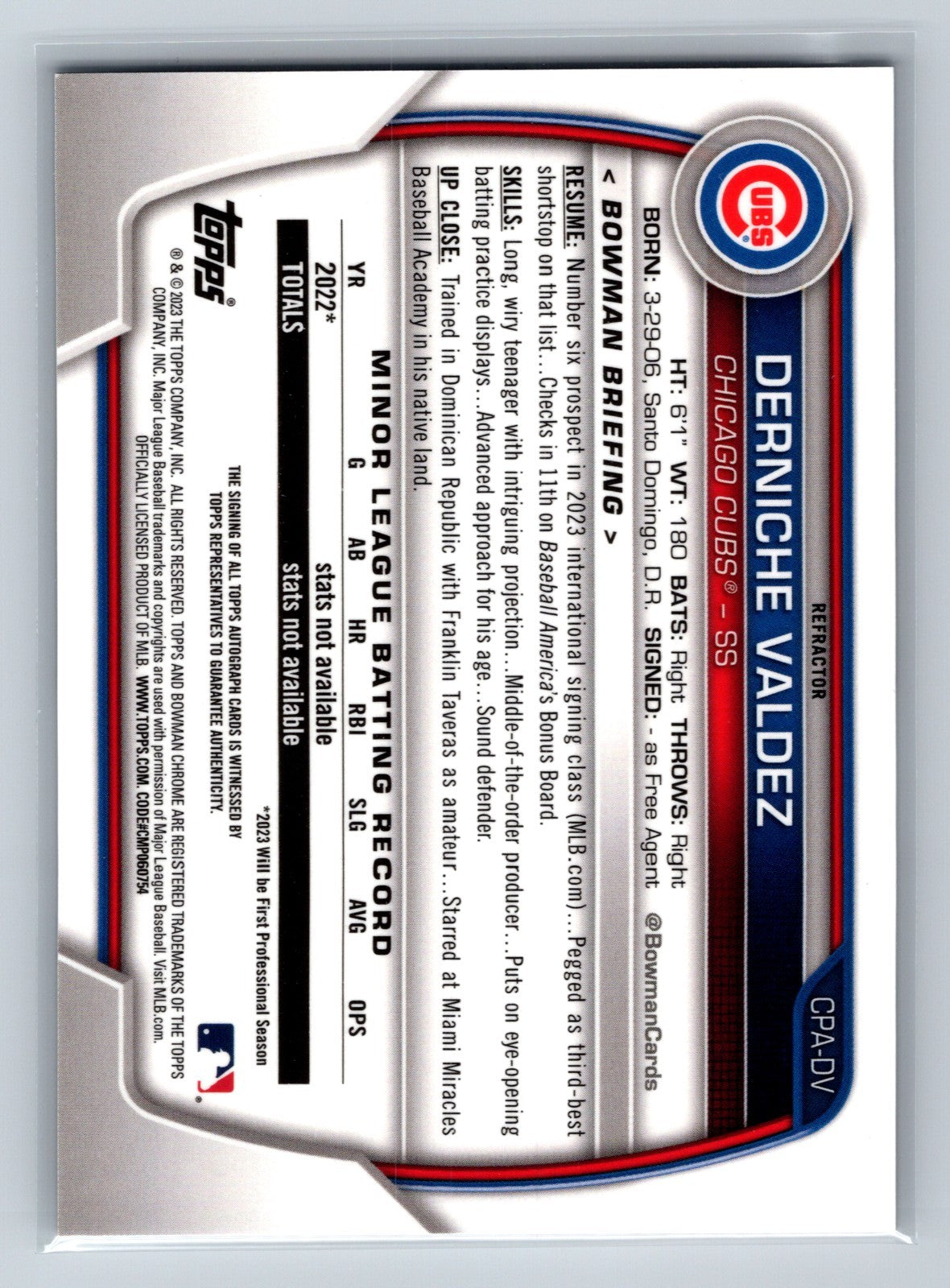 Derniche Valdez 2023 Bowman Chrome 1st Refractor Auto /499 #CPA-DV Cubs