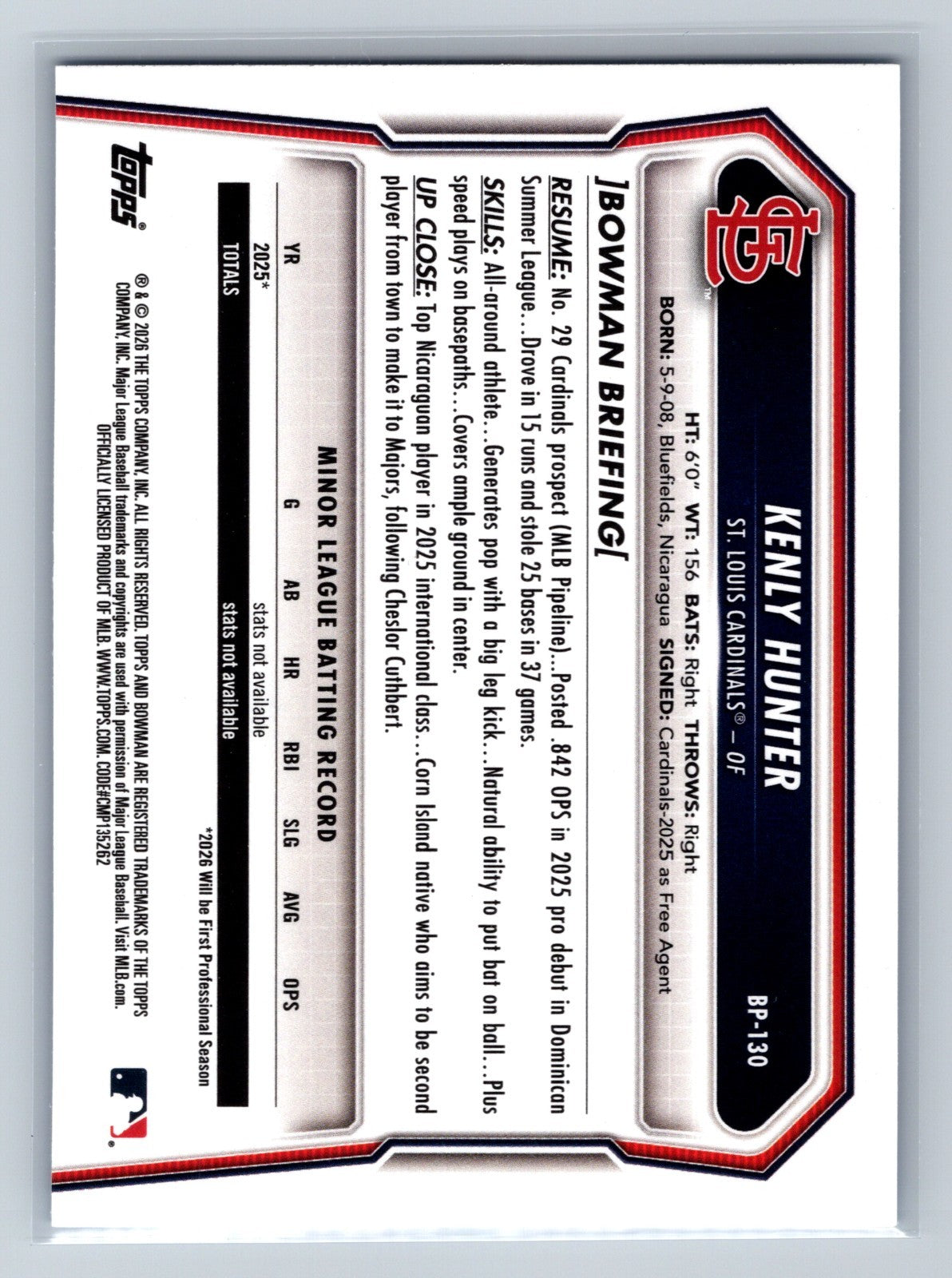 Kenly Hunter 2026 Bowman 1st Paper Blue /150 #BP-130 Cardinals