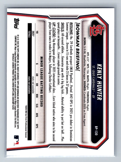 Kenly Hunter 2026 Bowman 1st Paper Blue /150 #BP-130 Cardinals