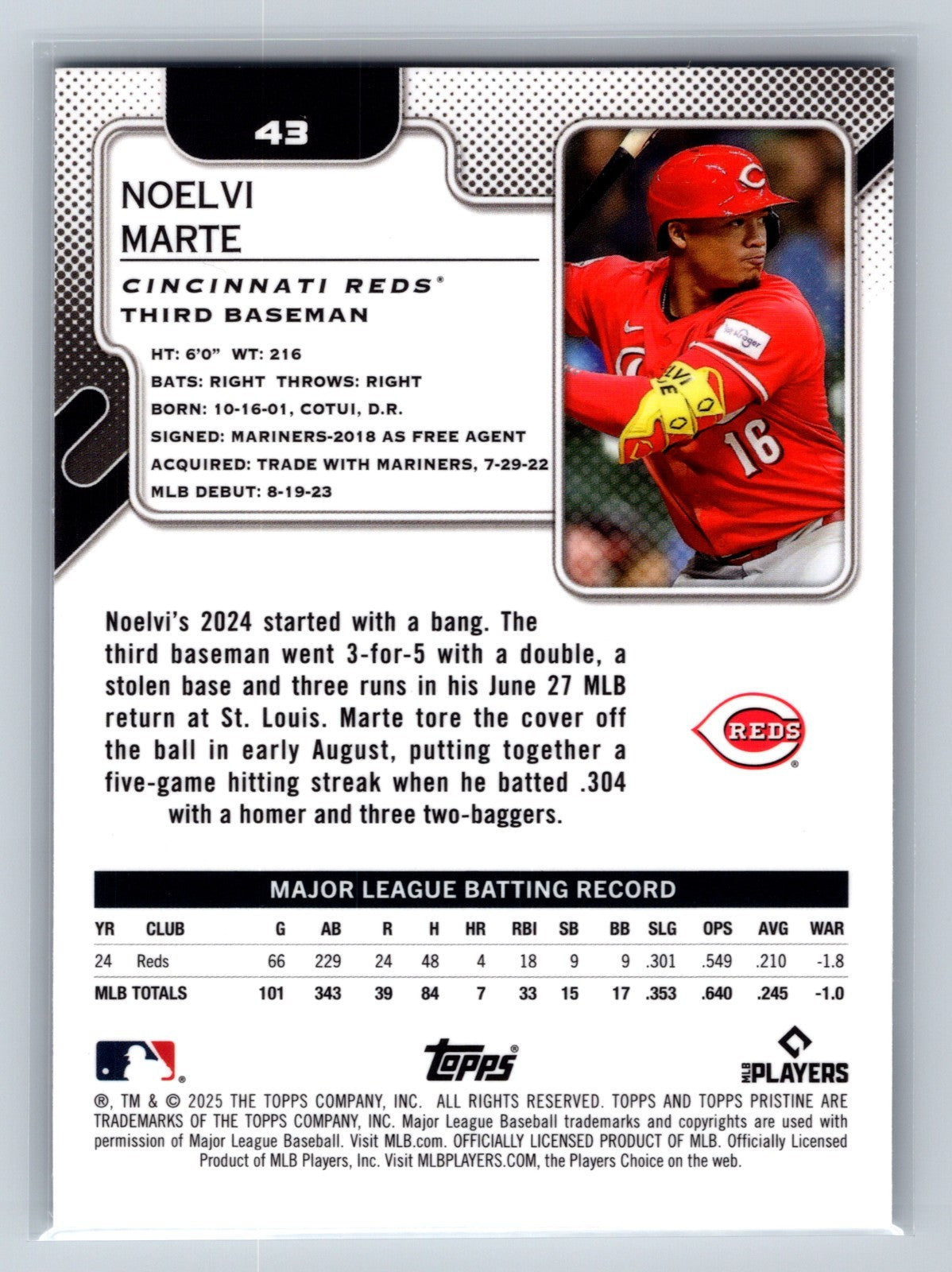 Noelvi Marte 2025 Topps Pristine Purple Refractor /99 #43 Reds