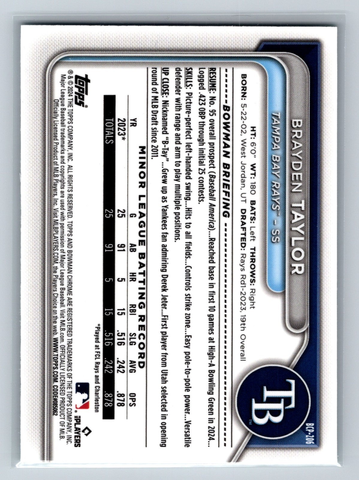 Brayden Taylor 2024 Bowman Chrome 1st Aqua Refractor /125 #BCP-206 Rays