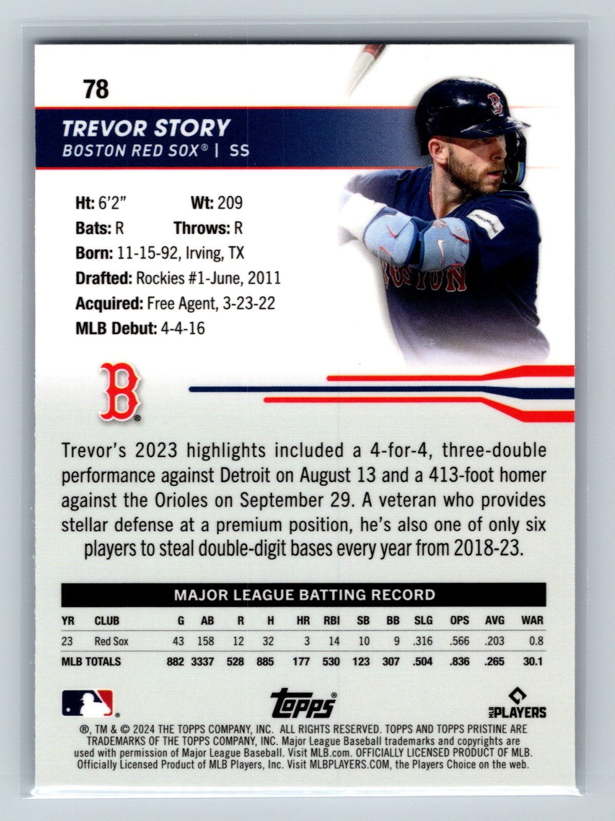 Trevor Story 2024 Topps Pristine Purple Refractor /99 #78 Red Sox