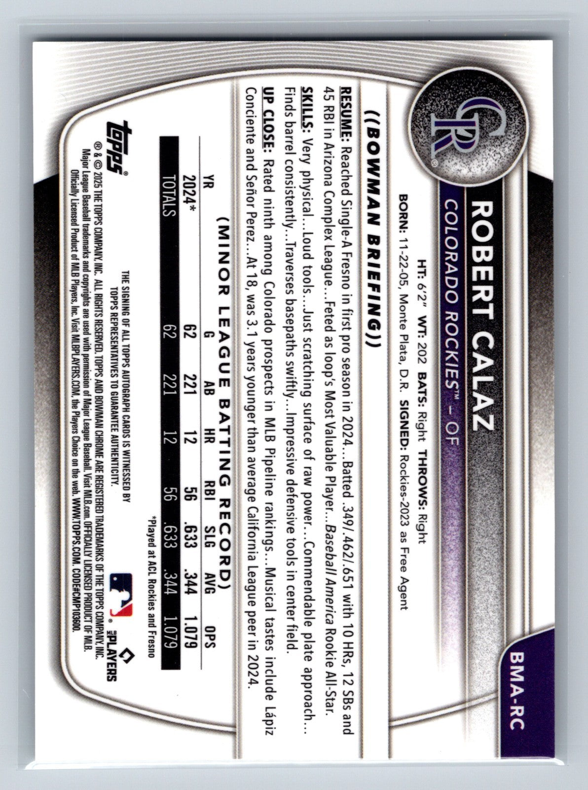 Robert Calaz 2025 Bowman Chrome Mega Box Mojo Refractor Auto #BMA-RC Rockies