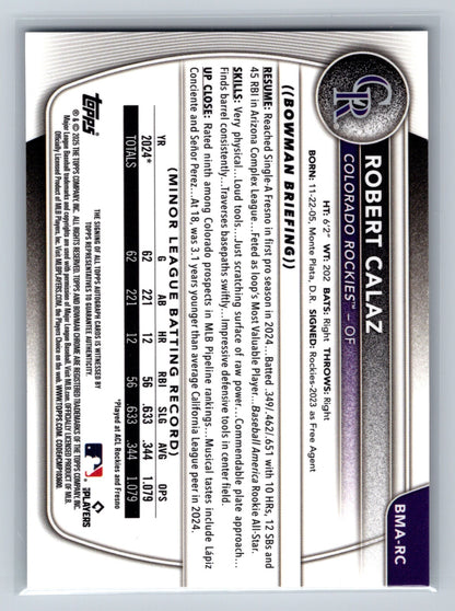 Robert Calaz 2025 Bowman Chrome Mega Box Mojo Refractor Auto #BMA-RC Rockies