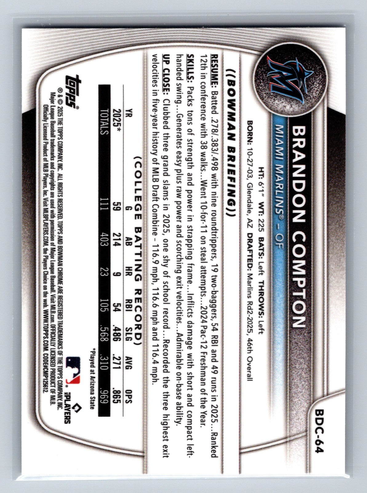 Brandon Compton 2025 Bowman Draft Chrome 1st Purple Geometric Refractor /250